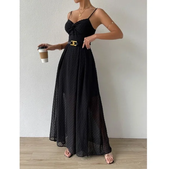 Black V-Neck Backless Maxi Dress Backless, Tie Back, Twist Front Swiss Dot - Picture 5 of 9